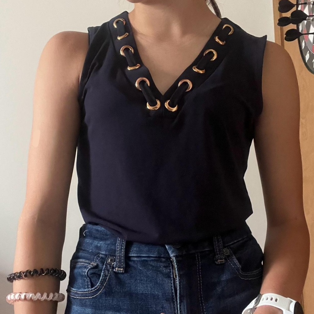 Navy Sleeveless Top with Eyelet Detail